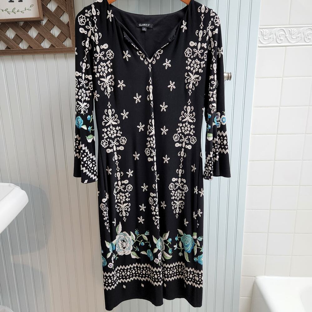 Glamour Black Bell Sleeve Dress with Floral Embroidery Pattern